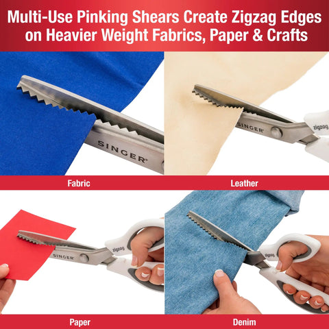 ProSeries 9 Inch Pinking Shears With No Fray Zigzag Edge Heavy Duty Stainless Steel Blades White Soft Grip Handle For Easy Pain-Free Fabric Cutting And Fray-Free Seams on fabric, leather, paper, and denim