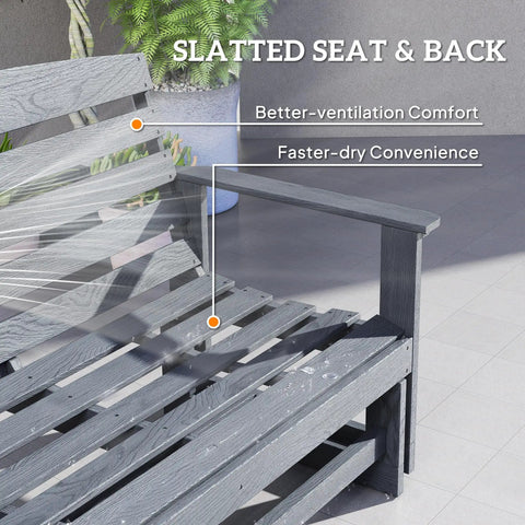 Close-up of slatted seat and back on a Two Person Outdoor Glider Bench for backyards and patios in weather-resistant HDPE distressed gray.