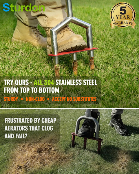 42 Inch Lawn Aerator Made From 304 Stainless Steel Rust Resistant Core Aeration Tool for Compacted Soil in use on grass