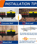 Installation tips showing 2 Pack Heavy Duty Garage Wall Shelves 1.5 By 3 Feet Each Wall Mounted Floating Storage Rack Black Durable Powder Coated Steel on concrete, brick, and wood walls