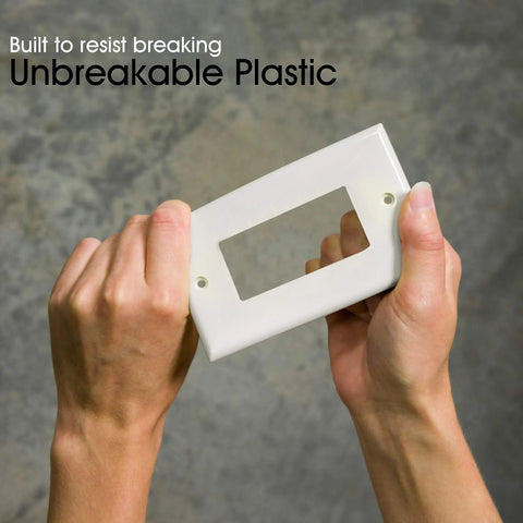 Hands holding an unbreakable nylon Single Rocker Wall Plate Cover 1 Gang White With Screws Included, Easy DIY Light Switch Upgrade.