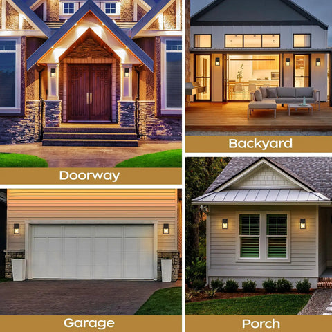 Dusk To Dawn Outdoor Porch Light With Built In Two GFCI Outlets No Fuss Waterproof Wall Mount Aluminum Anti Rust Exterior Fixture at house entryway, backyard, garage, and porch, showcasing diverse placement options.