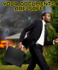 Man carrying Go To Fireproof Document Organizer With Lock Safe For Home Office And Travel, house on fire in background.