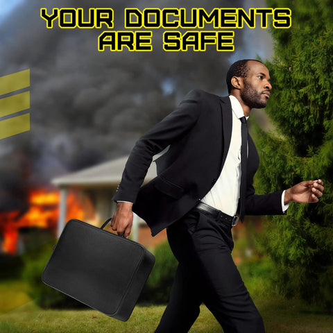 Man carrying Go To Fireproof Document Organizer With Lock Safe For Home Office And Travel, house on fire in background.