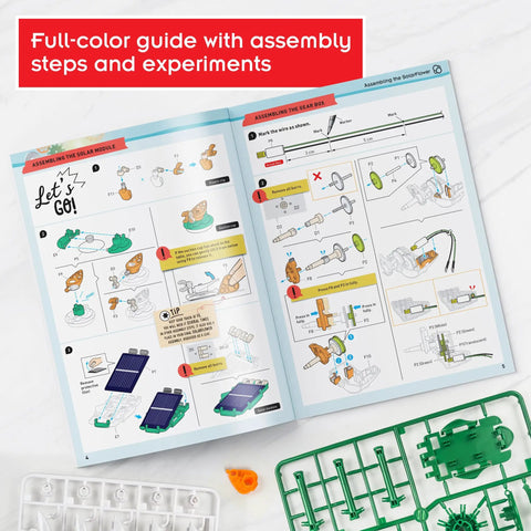 SolarFlower Ruby Ripple STEM Kit assembly guide with solar module, gears, and parts on white background