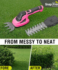 Slick Cordless Hedge Trimmer And Grass Shears 2 In 1 Lightweight electric tool in pink, shown with grass shears blade and cuts.