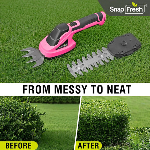 Slick Cordless Hedge Trimmer And Grass Shears 2 In 1 Lightweight electric tool in pink, shown with grass shears blade and cuts.
