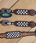 Top Shelf Western Leather Headstall And Breast Collar Tack Set With Lucky Dice Tooling Antique Copper Hardware And Checkyard Patterns Built For Any Arena Run, showing detailed tooling and checkered patterns.
