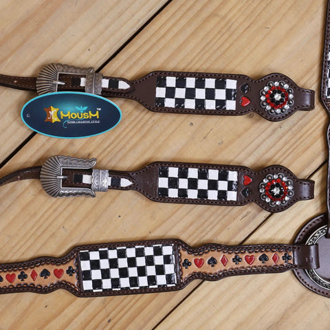 Top Shelf Western Leather Headstall And Breast Collar Tack Set With Lucky Dice Tooling Antique Copper Hardware And Checkyard Patterns Built For Any Arena Run, showing detailed tooling and checkered patterns.
