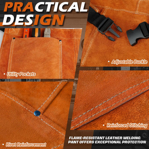 Split Leather Welding Pants With Heat And Flame Resistant Safety Leg Protection for Men and Women showing pockets, buckle, stitching, rivet