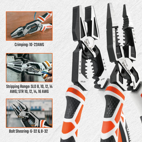Heavy Duty 2 Piece Pliers Set With Linesman And Long Nose Pliers 8 Inch Multitool for electrical tasks CRV steel close-up