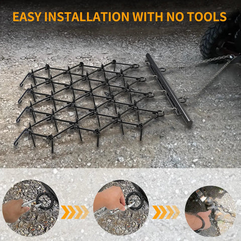 Heavy Duty ATV Chain Drag Harrow 4 Foot Wide by 4 Foot Long with 1/2 Inch Tines attached to lawn tractor