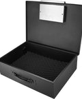 Rock Solid Portable Top Open Security Desk Safe With Slick Keypad Lock Box For Home Office And Travel Compact Black Storage Container interior view with foam padding.