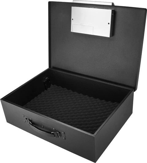 Rock Solid Portable Top Open Security Desk Safe With Slick Keypad Lock Box For Home Office And Travel Compact Black Storage Container interior view with foam padding.
