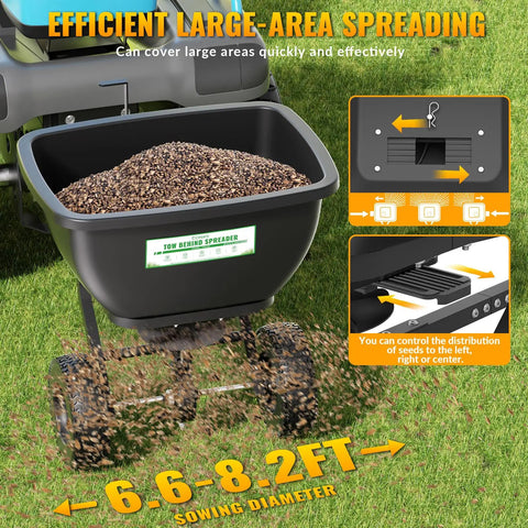 Heavy Duty Tow Behind Broadcast Spreader With 200 Lb Hopper And 13 Inch Pneumatic Tires Adjustable Flow Control spreading seeds