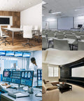 Collage of modern conference room, classroom, medical lab with monitors, and home theater setup.