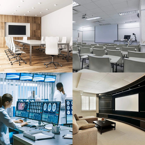 Collage of modern conference room, classroom, medical lab with monitors, and home theater setup.