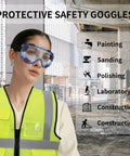 Woman wearing Six Pack Safety Goggles With Anti Fog Lenses ANSI Z87.1 Certified Lab Eyewear at construction site