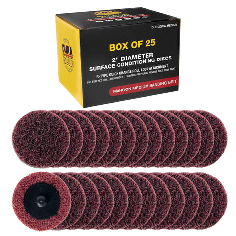 2 Inch Maroon Medium Grit Surface Conditioning Discs Pack Of 25 With R Type Quick Change Roll Lock Connection shown with box