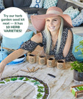 Woman assembling DIY Indoor Herb Garden Starter Kit With Heirloom Non GMO Seeds For Basil Thyme Parsley Cilantro Plus Potting Soil