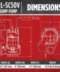 Technical diagram of RL-SC50V sump pump dimensions, showing height 10.5 inches, length 8 inches, width 5.5 inches, and weight 19.75 lbs.