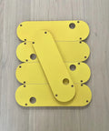 Zero Clearance Inserts Set Five Pack For DWE7485 Table Saw, Pro Grade Fit, yellow MDF plates stacked flat on wood surface