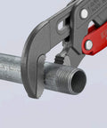 Rapid Adjust Swedish Pipe Wrench 12 Inch Quick Button Adjustment 45 Degree Angled S Shaped Jaw clamping a metal pipe