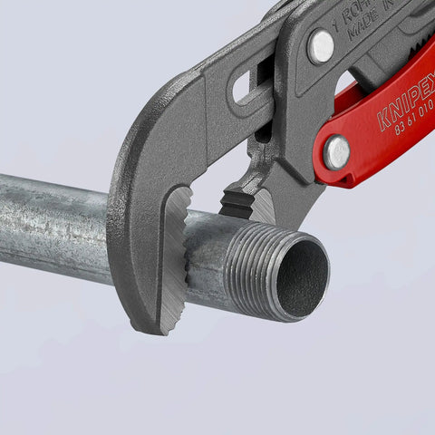 Rapid Adjust Swedish Pipe Wrench 12 Inch Quick Button Adjustment 45 Degree Angled S Shaped Jaw clamping a metal pipe