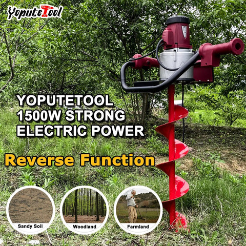 Beast Mode 1500W Electric Post Hole Digger With 6 Inch Auger Bit for Fence Posts Decks Tree Planting shown in a forest.