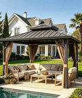 Front view of 10x10 Ft Hardtop Gazebo With Dual Layer Metal Roof, Galvanized Steel Canopy, Netting And Curtains in garden setting.