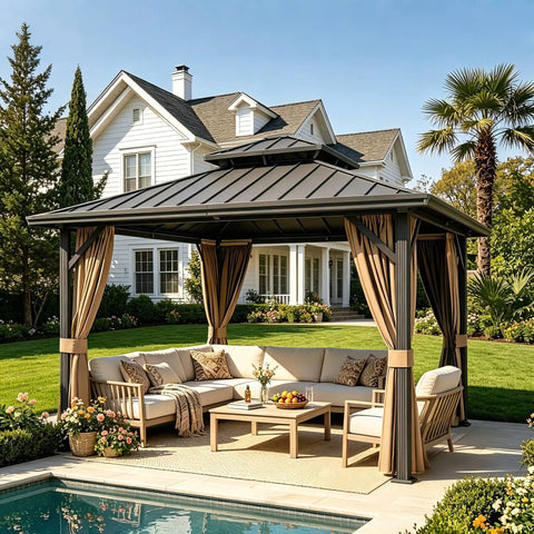 Front view of 10x10 Ft Hardtop Gazebo With Dual Layer Metal Roof, Galvanized Steel Canopy, Netting And Curtains in garden setting.