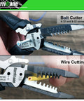 Close-up of Heavy Duty 6 In 1 Wire Stripper, Crimping Tool And Cutter Pliers showing bolt cutter and wire cutting action.