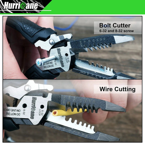 Close-up of Heavy Duty 6 In 1 Wire Stripper, Crimping Tool And Cutter Pliers showing bolt cutter and wire cutting action.