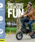 Man riding a foldable electric bike with carry handles portable 350W pedal assist twist throttle up to 15.5 MPH 14 inch tires