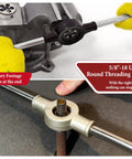 Person using 5/8x18 UNF Round Threading Die For Right Hand Threads on metal rod, heavy duty tool steel, machinist style