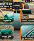 36 Inch Poly Lawn Roller with water-filled 21.1-gallon drum showing features like airtight seal and scrape bar for lawn care.
