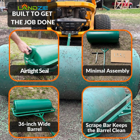 36 Inch Poly Lawn Roller with water-filled 21.1-gallon drum showing features like airtight seal and scrape bar for lawn care.