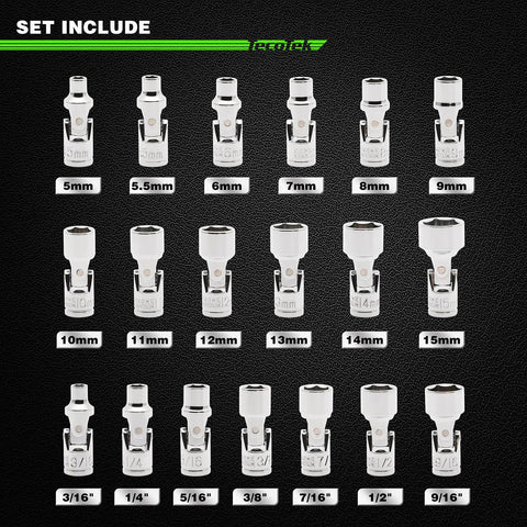 One Quarter Inch Drive Universal Joint Socket Set With Swivel Heads Six Point SAE Three Sixteenths To Nine Sixteenths Inch And Metric Five To Fifteen Millimeter CR-V Steel Flex Sockets For Easy Access In Tight Spaces, 5mm-15mm and SAE sockets