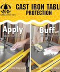 Hands applying and buffing All Purpose Shop Wax Starter Kit With Carnauba Beeswax Paste on cast iron table for protection.