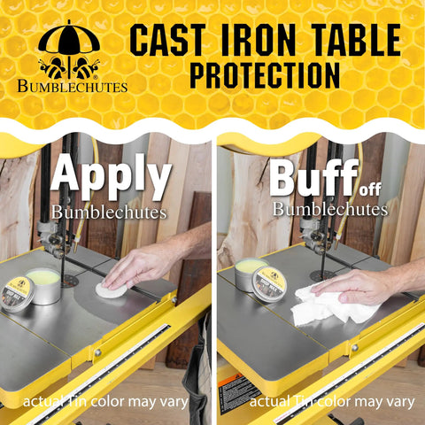 Hands applying and buffing All Purpose Shop Wax Starter Kit With Carnauba Beeswax Paste on cast iron table for protection.