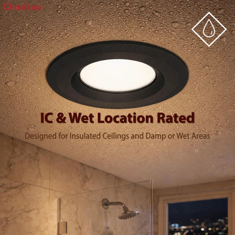 10 Pack 5/6 Inch Metal LED Recessed Lighting, Black Dimmable LED Can Lights in wet location installation over shower.