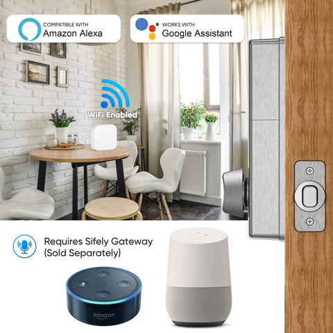 Keyless Deadbolt Smart Door Lock For Front Door With Code And Fob Access App Control Auto Lock displayed next to table.
