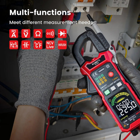 Smart Digital Clamp Meter With D-Shaped Jaws And Color Screen used for electrical diagnostics inside a panel