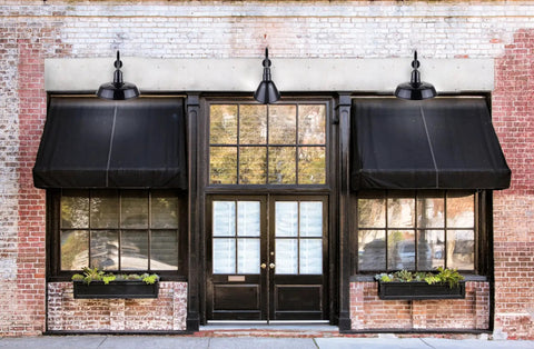 Shopfront with Outdoor Aluminum Barn Light In Glossy Black With Gooseneck Arm 16 Inch Wet Location Rated Classic Barn Style Shade