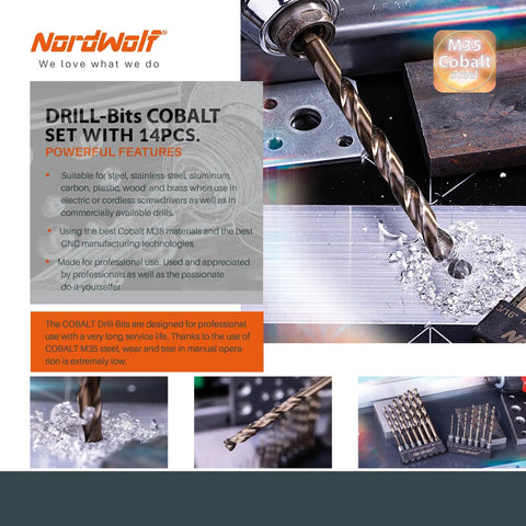 Close-up of a 14-Piece M35 Cobalt Drill Bit Set for Stainless Steel and Hard Metals, showing the hex shank and drill bit in use.