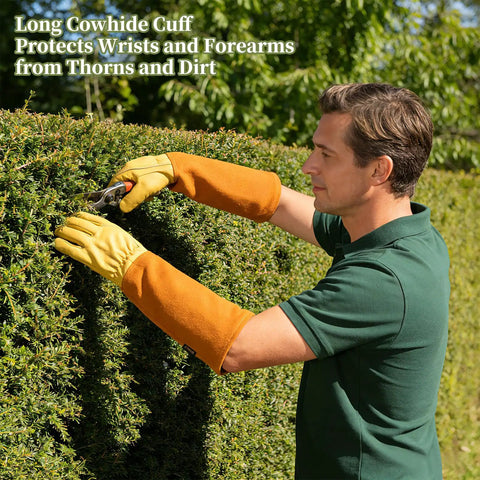 Man wearing Thorn Proof Gardening Gloves For Men And Women With Thick Cowhide Leather Long Forearm Gauntlets Puncture Resistant