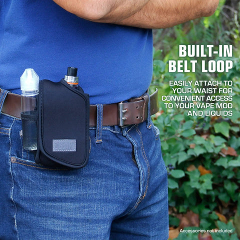 Vape Pen Travel Case Belt Bag With Belt Loop And Carabiner Clip attached to jeans, elastic neoprene holster for mods and tanks