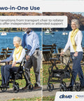 No Sweat Folding Rollator Walker And Transport Chair Combo With Slick Frame Smooth Ride Adjustable Backrest Supports Three Hundred Pounds For Easy Caregiver Handling, shown in park.