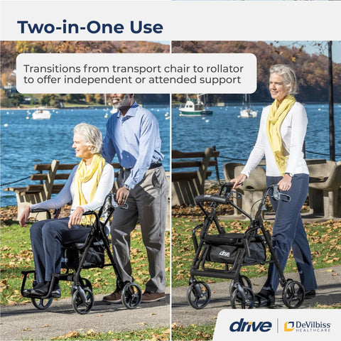 No Sweat Folding Rollator Walker And Transport Chair Combo With Slick Frame Smooth Ride Adjustable Backrest Supports Three Hundred Pounds For Easy Caregiver Handling, shown in park.