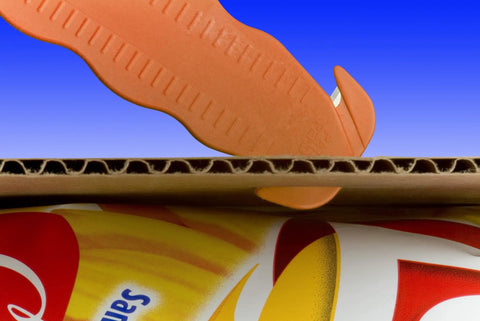 Stainless Steel Package Opener And Safety Utility Cutter Set opening cardboard box, showcasing recessed blade in action